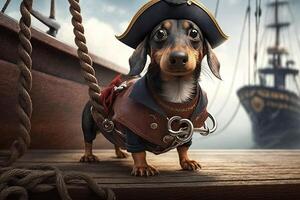 dachshund cachorro pirata em a navio ilustração generativo ai foto