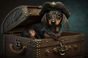 dachshund cachorro pirata dentro uma Tesouro peito ilustração generativo ai foto
