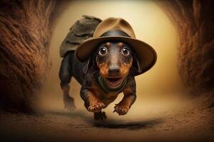 dachshund cachorro arqueólogo com chapéu e chicote escapando a partir de Perigo ilustração generativo ai foto