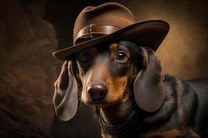 dachshund cachorro arqueólogo com chapéu ilustração generativo ai foto