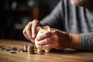 conceito mão colocando dinheiro moeda para dentro porquinho banco salvando dinheiro para futuro plano e aposentadoria fundo, ilustração generativo ai foto