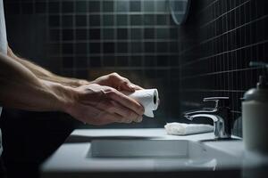homem segurando banheiro papel dentro a banheiro ilustração generativo ai foto