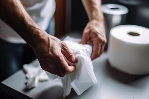 homem segurando banheiro papel dentro a banheiro ilustração generativo ai foto