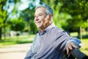 retrato do uma Senior homem em a parque foto