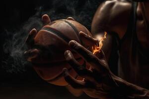 detalhe do basquetebol jogador mãos segurando bola dentro energia ilustração generativo ai foto
