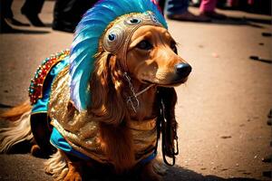 cachorro dentro carnaval traje às carnaval parada ilustração generativo ai foto