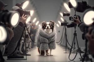 cachorro em a passarela posando uma moda modelo vestindo exlusivo vestir ilustração generativo ai foto