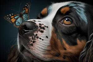 cachorro com gigante borboleta em nariz ilustração generativo ai foto