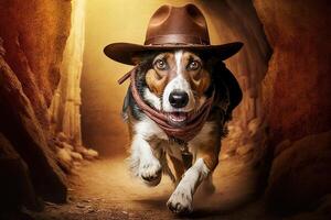cachorro arqueólogo com chapéu e chicote escapando a partir de Perigo ilustração generativo ai foto