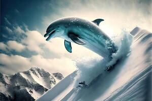 golfinho snowboard baixa a Nevado montanhas generativo ai foto