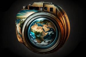 mundo fotografia dia terra globo dentro Formato do Câmera ilustração generativo ai foto