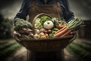 agricultor segurando uma cesta do fresco legumes dentro uma campo ou estufa, pronto para venda às uma local agricultores mercado ou mercearia loja ilustração generativo ai foto