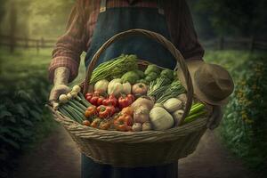 agricultor segurando uma cesta do fresco legumes dentro uma campo ou estufa, pronto para venda às uma local agricultores mercado ou mercearia loja ilustração generativo ai foto