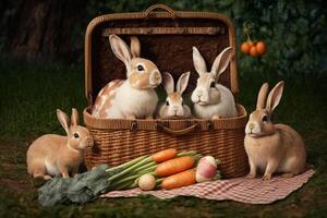 família do coelhos tendo a Páscoa piquenique, com uma cesta do cenouras, ovos, e sanduíches Páscoa ilustração generativo ai foto