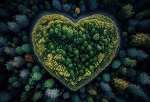 floresta coração forma aéreo topo Visão ilustração generativo ai foto