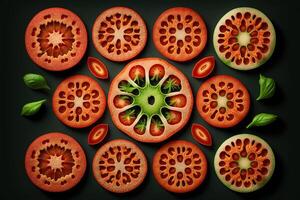 verde fresco vermelho tomates topo visualizar. saudável comendo conceito. ilustração generativo ai foto