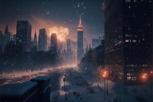 a comemorar Novo ano véspera dentro Novo Iorque debaixo a neve tempestade ilustração generativo ai foto