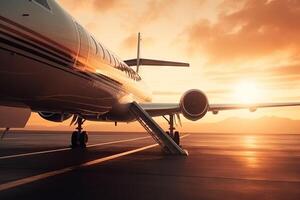 o negócio avião privado jato às pôr do sol ilustração generativo ai foto