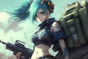 menina dentro saia com azul cabelo e uma futurista pistola, mangá estilo bonita mangá menina ilustração generativo ai foto