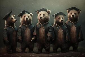ursos em pé dentro uma linha, vestindo graduação cápsulas e vestidos, com uma orgulhoso Veja em seus rostos ilustração generativo ai foto
