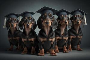 dachshund cachorros em pé dentro uma linha, vestindo graduação cápsulas e vestidos, com uma orgulhoso Veja em seus rostos ilustração generativo ai foto