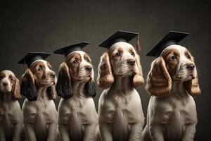 Cocker spaniel cachorros em pé dentro uma linha, vestindo graduação cápsulas e vestidos, com uma orgulhoso Veja em seus rostos ilustração generativo ai foto