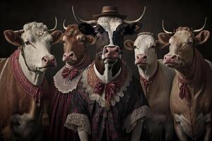 vacas e touros animais vestido dentro vitoriano era roupas ilustração generativo ai foto