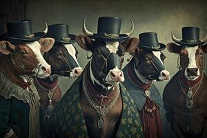 vacas e touros animais vestido dentro vitoriano era roupas ilustração generativo ai foto