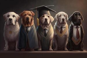 cachorros em pé dentro uma linha, vestindo graduação cápsulas e vestidos, com uma orgulhoso Veja em seus rostos ilustração generativo ai foto