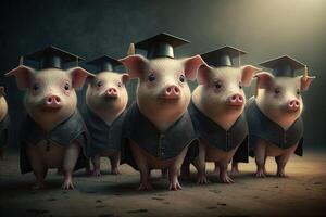 porcos em pé dentro uma linha, vestindo graduação cápsulas e vestidos, com uma orgulhoso Veja em seus rostos ilustração generativo ai foto