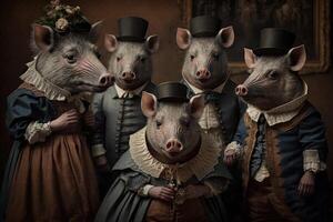 selvagem javali porcos animais vestido dentro vitoriano era roupas ilustração generativo ai foto