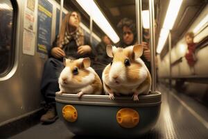 hamsters animal em Novo Iorque cidade metrô subterrâneo metro trem ilustração generativo ai foto