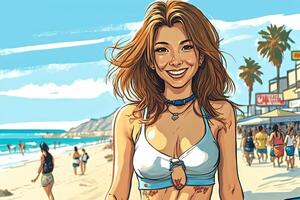 lindo animê mangá menina dentro los angeles Malibu de praia ilustração generativo ai foto