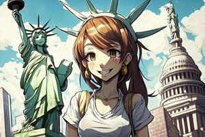 lindo animê mangá menina dentro Novo Iorque cidade estátua do liberdade ilustração generativo ai foto