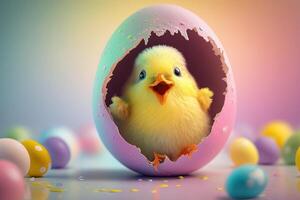 feliz sorridente fofa pequeno frango chegando Fora o f a Páscoa ovo isolado em pastel cores fundo ilustração generativo ai foto