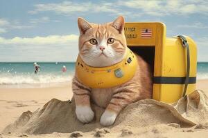 Salva-vidas em a de praia gato trabalhando trabalho profissão ilustração generativo ai foto