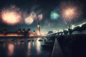 a comemorar Novo ano véspera dentro Londres fogos de artifício dentro a céu ilustração generativo ai foto