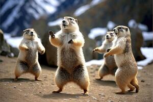 muitos marmotas dançando para marmota dia. marmota celebração 2 fevereiro ilustração generativo ai foto