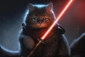 Sombrio lado Jedi gato segurando vermelho luz sabre ilustração generativo ai foto