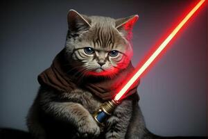 Sombrio lado Jedi gato segurando vermelho luz sabre ilustração generativo ai foto