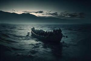 migrantes em barco dentro Mediterrâneo mar dramático cena ilustração generativo ai foto