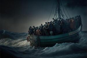 migrantes em barco dentro Mediterrâneo mar dramático cena ilustração generativo ai foto