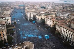 aéreo Visão do Napoli Cidade depois de ganhando campeonato de futebol futebol clube, escudo a comemorar equipe, fãs multidão do apoiantes ilustração generativo ai foto