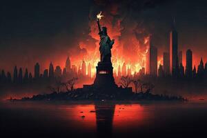 Novo Iorque é queimando em fogo às noite apocalipse cena ilustração generativo ai foto