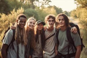 retrato do sorridente jovem amigos caminhada ao ar livre juntos ai gerado foto