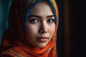 retrato do lindo ásia muçulmano mulher vestindo tradicional roupas. ai gerado. foto