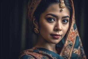 retrato do lindo ásia muçulmano mulher vestindo tradicional roupas. ai gerado. foto
