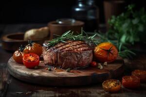 suculento Grosso suculento porções do grelhado filé bife servido com tomates e assado legumes em a velho de madeira borda ai gerado foto