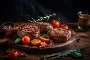 suculento Grosso suculento porções do grelhado filé bife servido com tomates e assado legumes em a velho de madeira borda ai gerado foto