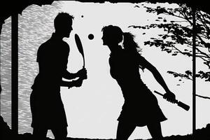 silhueta esboço do uma homem e mulher jogando pickleball ilustração generativo ai foto